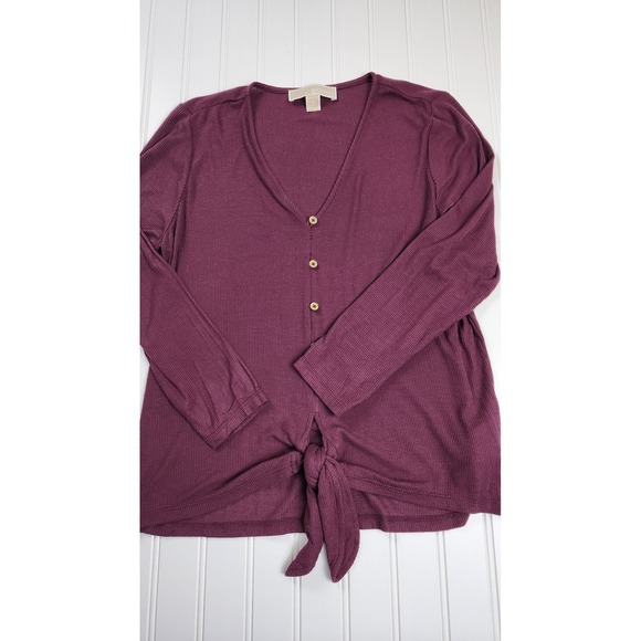 Michael Kors Ribbed V Neck Long Sleeve Tie‎ Front Top Burgundy Size Small - Picture 2 of 9